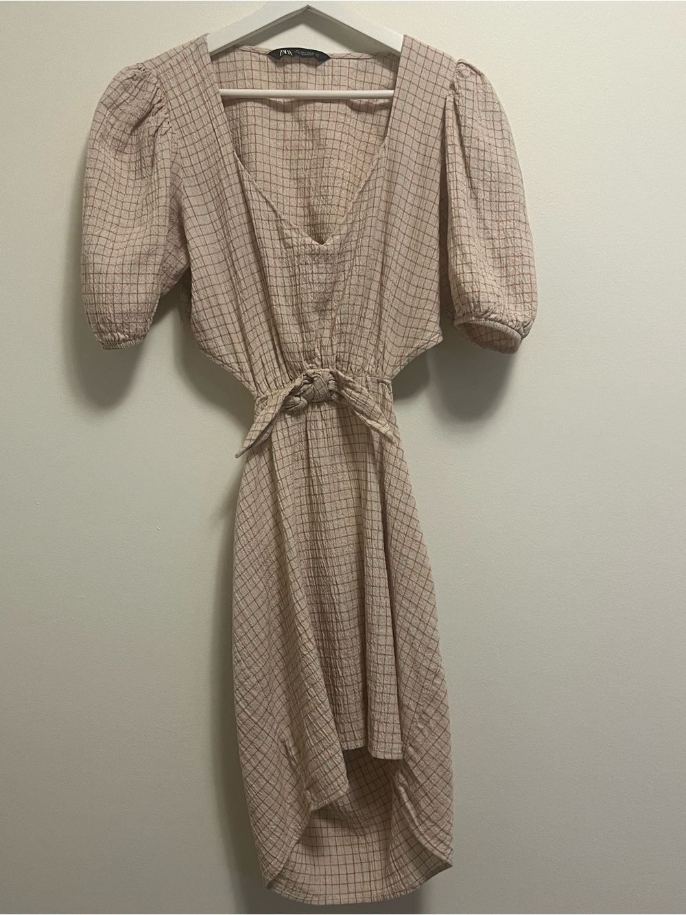 Zara Cream Check High-Low Puff Sleeve Backless Cut Out Dress